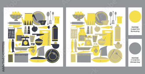 Abstract vector Kitchen set. Scandinavian kitchen. Pantone colours 2021 photo