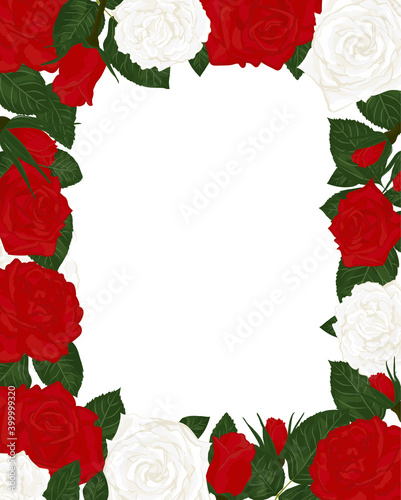 Frame background in vintage roses, leaves and buds with textspace. Vector illustration