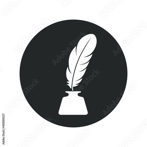Inkwell and feather graphic icon. Ink feather in the inkwell sign in the circle isolated on white background. Vector illustration