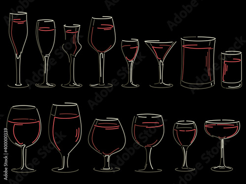 Set of simple vector images of different wineglasses and glasses, filled with wine on a black background (in the dark) with shine and reflections (drawn in art line style).