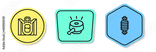 Set line Hiking backpack, Bicycle bell and suspension. Colored shapes. Vector.