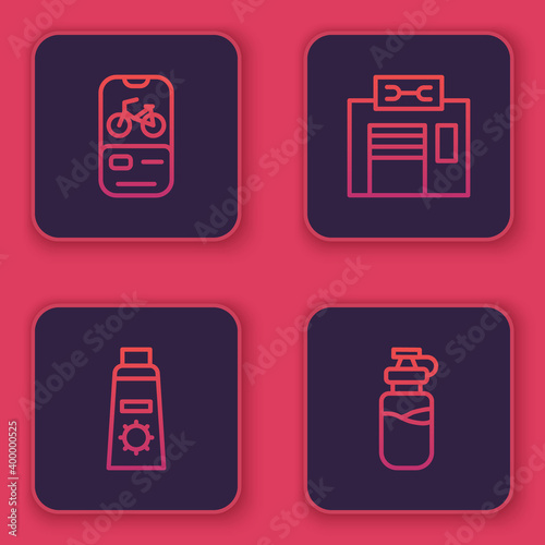 Set line Bicycle rental mobile app, Sunscreen cream in tube, repair service and Sport bottle with water. Blue square button. Vector.