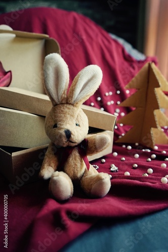 Bunny with Christmas tree, Merry Christmas and Happy New Year