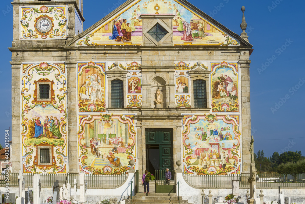 Obraz premium facade covered with azulejos of the Nossa Senhora do Amparo Church located in Valega, district of Aveiro, Portugal