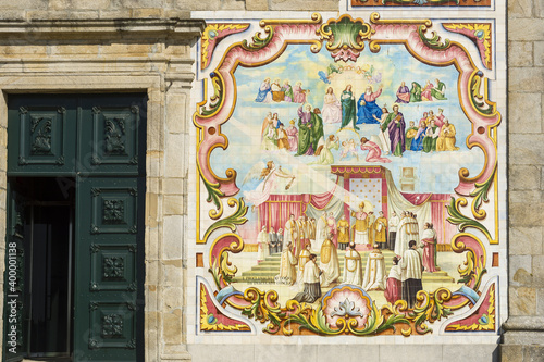  facade covered with azulejos of the Nossa Senhora do Amparo Church located in Valega, district of Aveiro, Portugal photo