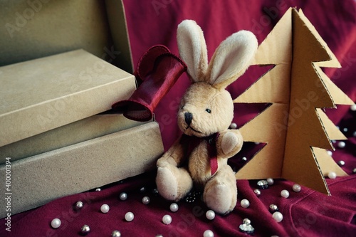 Bunny with Christmas tree, Merry Christmas and Happy New Year