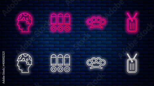 Set line Bullet, Brass knuckles, Army soldier and Military dog tag. Glowing neon icon on brick wall. Vector.