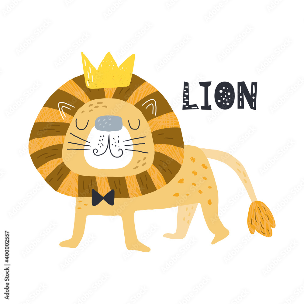 Funny cute scandinavian lion cartoon style. Vector print with lion.  Printable templates. vector print. Perfect for kids apparel, poster, baby  shower card. Vector illustration Stock Vector | Adobe Stock