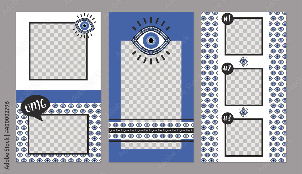 Blue eye amulet social media stories set, empty space for photo, evil eye protection good luck design vector frame backgrounds