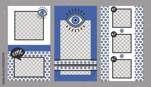 Blue eye amulet social media stories set, empty space for photo, evil eye protection good luck design vector frame backgrounds