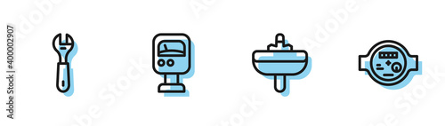 Set line Washbasin, Wrench spanner, Pressure water meter and Water icon. Vector.