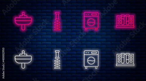 Set line Toilet brush, Washer, Washbasin and Test tube with water drop. Glowing neon icon on brick wall. Vector.