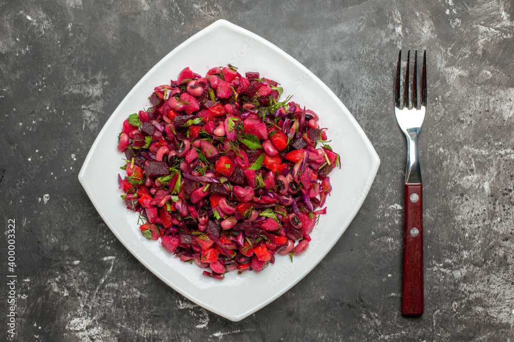 top view tasty vinaigrette salad with beets and beans on grey floor meal photo health top view tasty vinaigrette salad with beets and beans on grey floor meal photo health