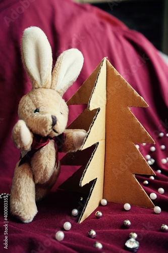 Bunny with Christmas tree, Merry Christmas and Happy New Year