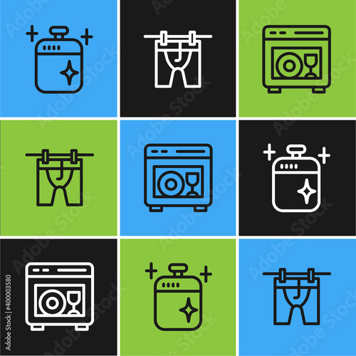 Set line Clean cooking pot, Dishwasher machine and Drying clothes icon. Vector.
