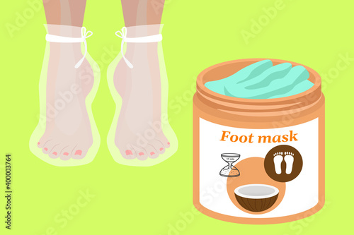 Foot mask with coconut. Female foot in socks for procedures