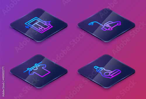 Set Isometric line Cleaning service for window, Drying clothes, Lawn mower and Dishwashing liquid bottle. Blue square button. Vector.