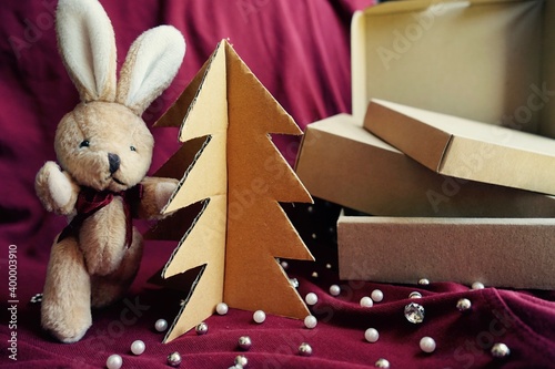 Bunny with Christmas tree, Merry Christmas and Happy New Year