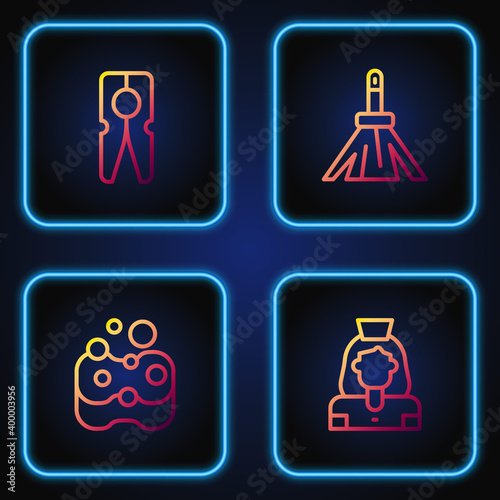 Set line Cleaning lady service, Sponge, Clothes pin and Handle broom. Gradient color icons. Vector.