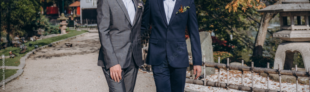 Same sex couple, gay boyfriends wedding celebration. Equality concept.