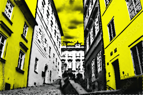 Background with the image of Nerudova street in Prague in comic style. Famous tourist destination in retro grunge style.