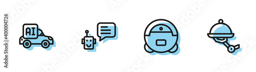 Set line Robot vacuum cleaner, Autonomous smart car, Bot and Waiter robot icon. Vector.