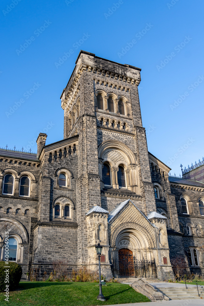 Toronto, Canada - November 28, 2020: University College Building in U of T St. George campus in Toronto. Created in 1853, University College Building has been designated a National Historic Site 