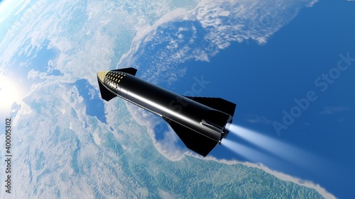 SpaceX Concept Spacecraft in orbit of the Earth. SpaceX Elon Musk Mars programm 3d render