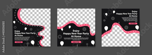 Enjoy happy new year at home. collection of social media posts template for the anti-covid-19 coronavirus campaign