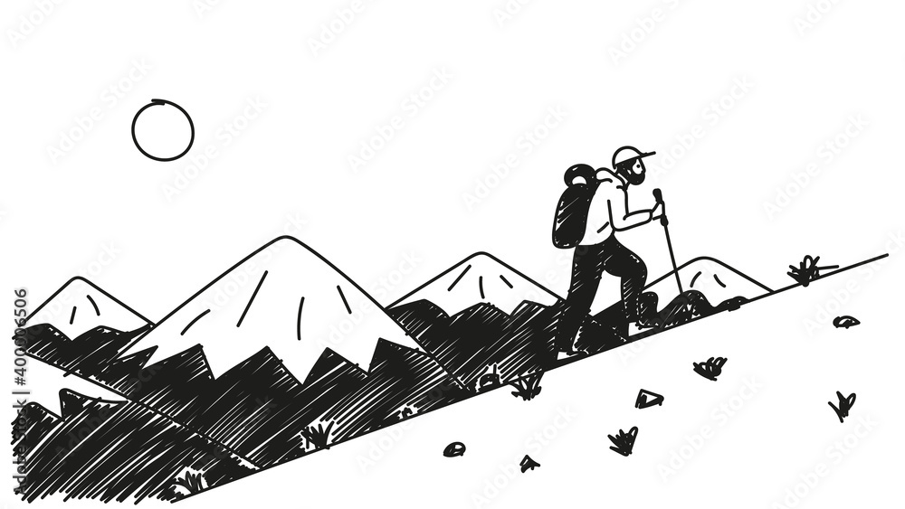 Man hiking in nature hand-drawn landscape. Cartoon vector clip art of a  bearded tourist with