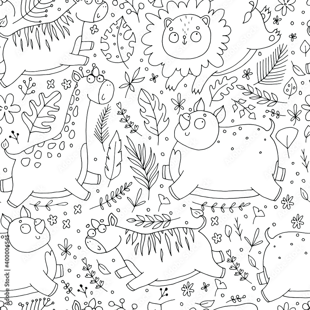 seamless pattern with cute animals, with flowers, with jungle, palm leaves, zebra, rhino, giraffe, lion, childrens doodle illustration
