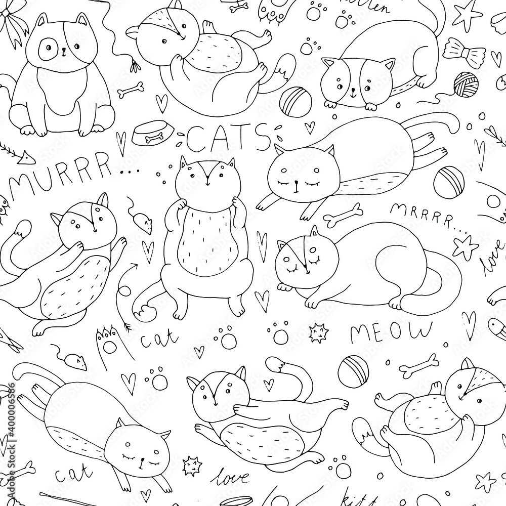 seamless pattern with cute playful cats, balls, lettering, paws, doodle illustration
