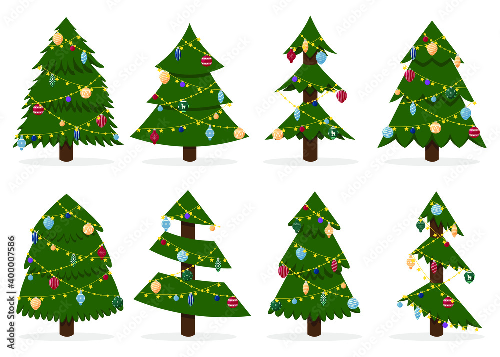 Dressed up Christmas tree. Green Christmas tree isolated on white. Abstract illustration of doodle tree, modern flat design. Vector illustration