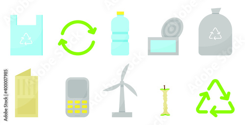Recyclable materials set for save enviroment. Recycling icons isolated. Types collection flat garbage, colorful image icons. Infographics. Vector illustration