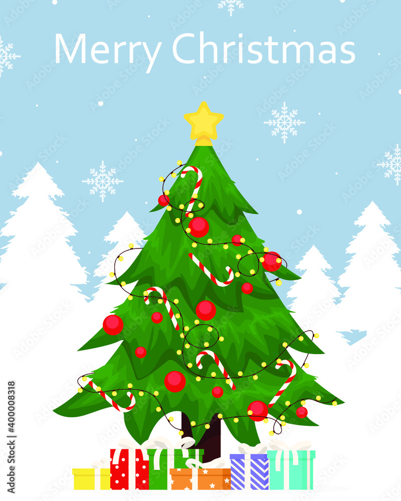 Winter greeting for Merry Christmas. Decorated Christmas tree with star, gift boxes, balls and garland. New Year and Merry Christmas card, poster, banner. Vector illustration