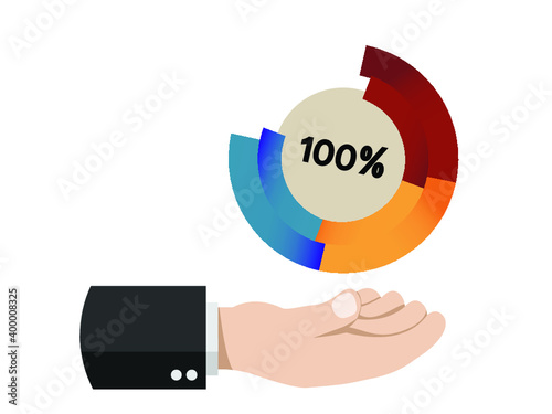Hand wearing suit shirt present graph circle with 100 percent