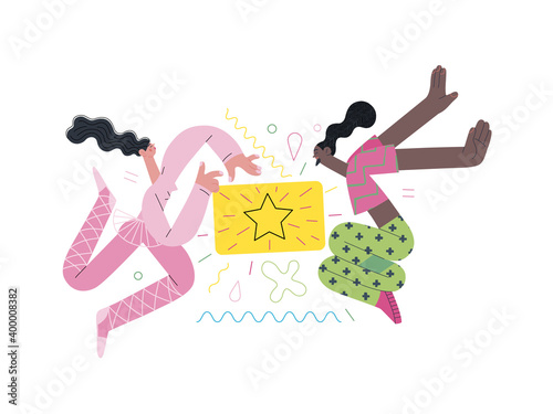 Discounts, sale, promotion voucher - modern flat vector concept illustration of people dancing with a gift or discount card