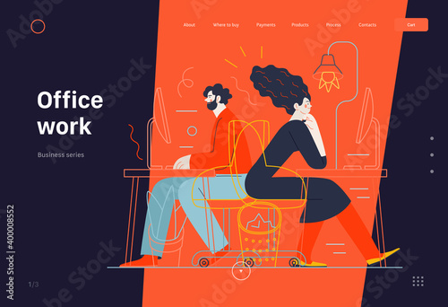 Business topics - office work, web template. Flat style modern outlined vector concept illustration. Man and woman sitting and working at the office desks with desktop computers. Business metaphor.