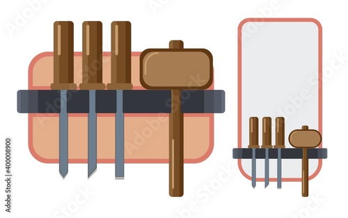 Woodcarving tools various chisels and a hammer - mallet. Vector illustration in flat style