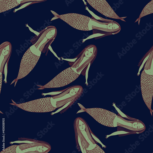 seamless wallpaper with mermaids. graphic illustration with beautiful mermaids in depth. seamless vector pattern for wallpaper, prints, print on fabrics and prints