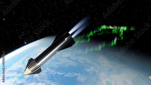 SpaceX Concept Spacecraft in orbit of the Earth. SpaceX Elon Musk Mars programm 3d render