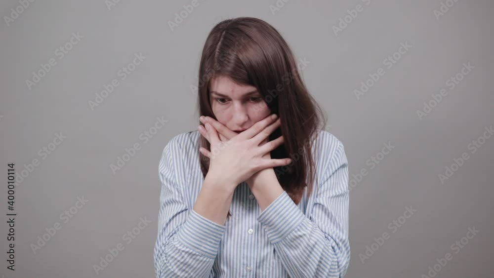 Covering mouth with palm. Can't say anything. Shocked gasping amazed hearing stunning unbelievable news press hand face astonished gossiping found out shocking truth, standing stunned speechless. Covering mouth with palm. Can't say anything. Shocked gasping amazed hearing stunning unbelievable news press hand face astonished gossiping found out shocking truth, standing stunned speechless.