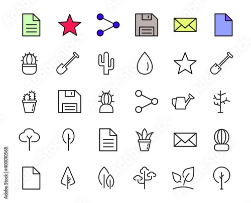 A set of Rosteniya Icons, and garden care, Vector illustration, Contains Icons such as tree, cactus, watering can, spade, flower and much more. on a white background, editable bar 480x480