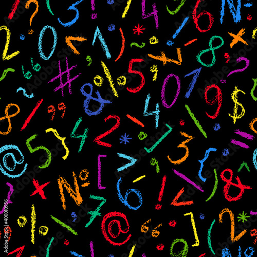 Crayon number pattern. Hand drawn wax crayons art on black background. Isolated chalk style  numbers and signs print. Children drawing style color number print. Bright colorful crayon symbols.