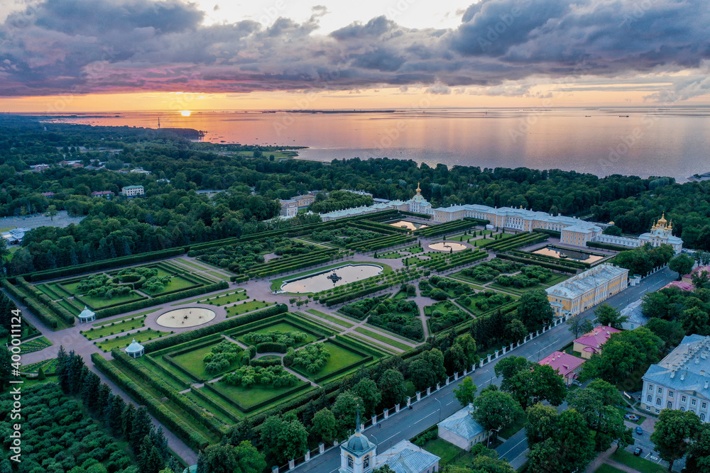 Panoramic aerial view of the park in Peterhof. Evening sunset