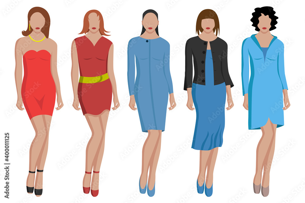 Obraz premium Women's evening dresses in different colors and styles. Short and long dresses.