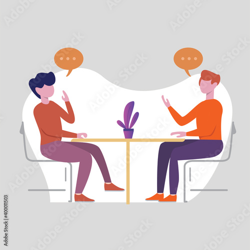 Vector illustration. people are talking while sitting. modern flat people character. Ideal for motion, graphic and web design projects
