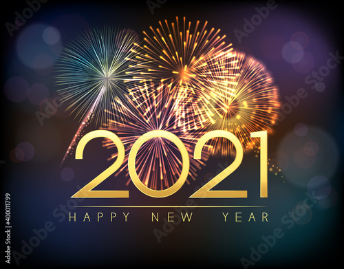 Vector Christmas background with fireworks and inscription Happy New Year 2021.