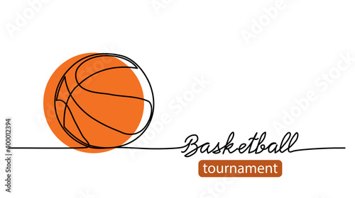 Basketball tournament simple vector background, banner, poster with orange ball sketch. One line drawing art illustration of basketball ball