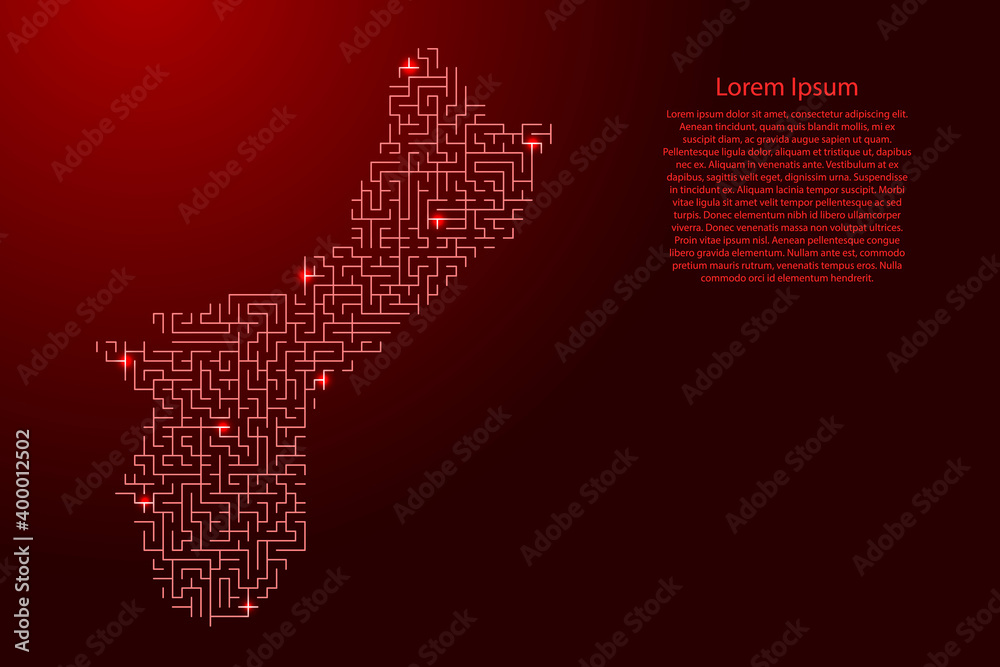 Guam map from red pattern of the maze grid and glowing space stars grid. Vector illustration.